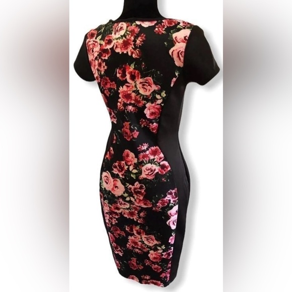 Love J. Floral Pencil Dress Juniors Medium Bodycon Black Pink Floral Roses - Picture 11 of 13